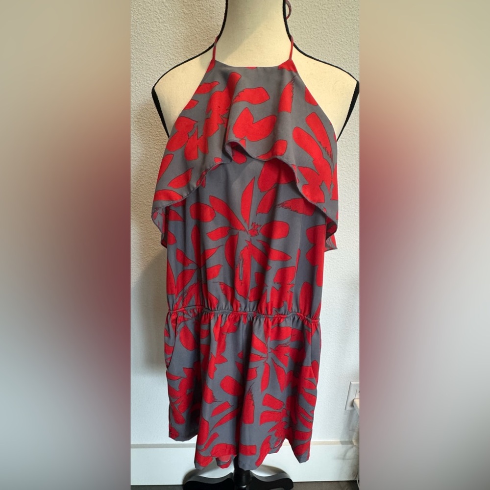 fab'rik Red and Gray Patterned Romper Small